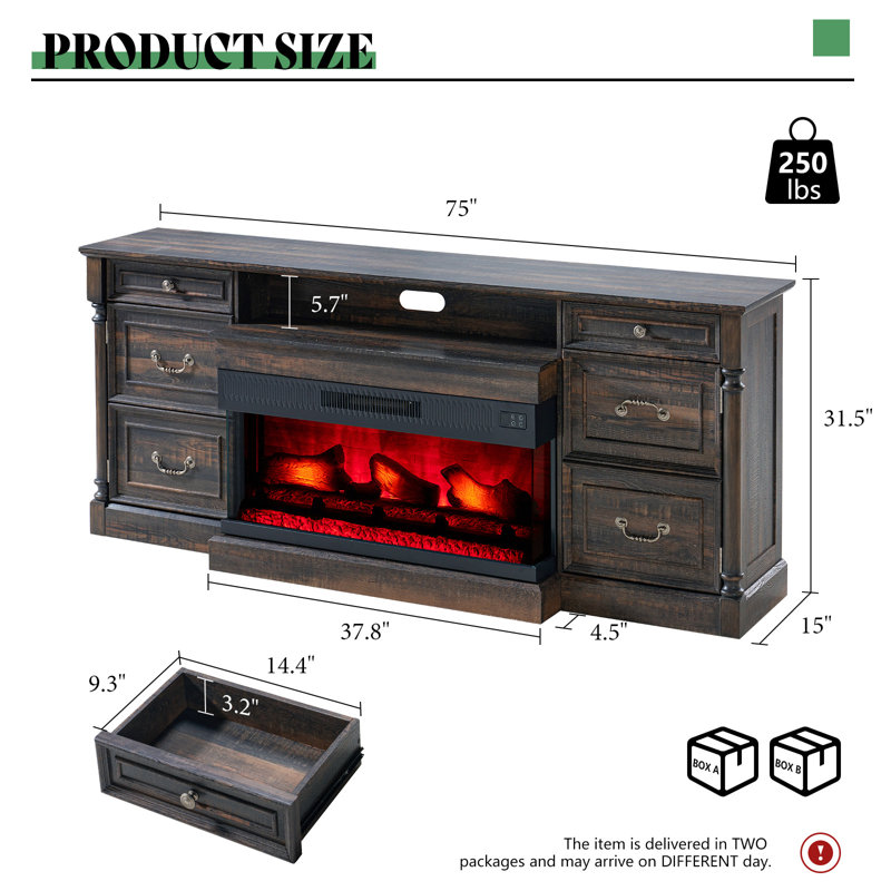 Meuble télé de ferme 75 po avec 2 portes et 3 tiroirs en verre fermés Alvilda, Bois espresso