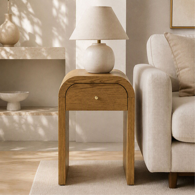 Table d'appoint en bois courbé avec 1 tiroir, table de chevet, plateau à bords arrondis, idéale pour la chambre ou le salon.