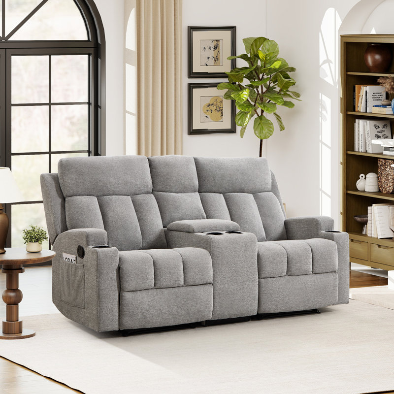 Manual Reclining Loveseat With Center Storage Console & Cup Holders, Light Gray 