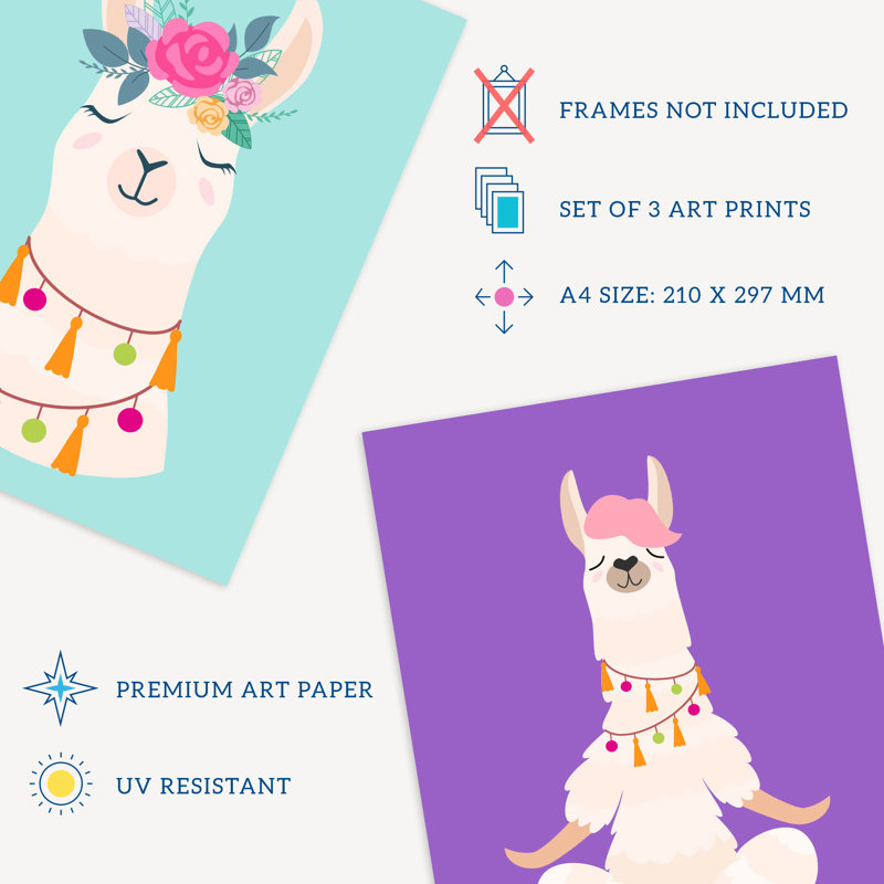 Kids Bedroom Cute Happy Llama Yoga Meditation Purple Blue - 3 Piece No Frame Print Set, 29.7cm H x 21cm W x 0.4cm D