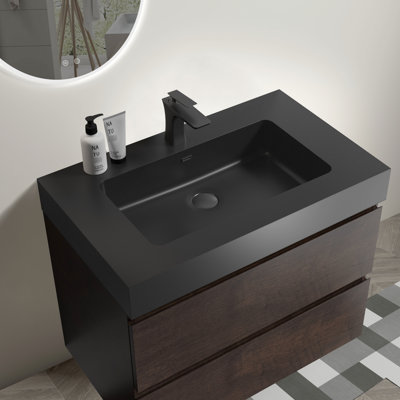Lavabo sophistiqué en quartz noir mat avec trop-plein pour salle de bain intégrée