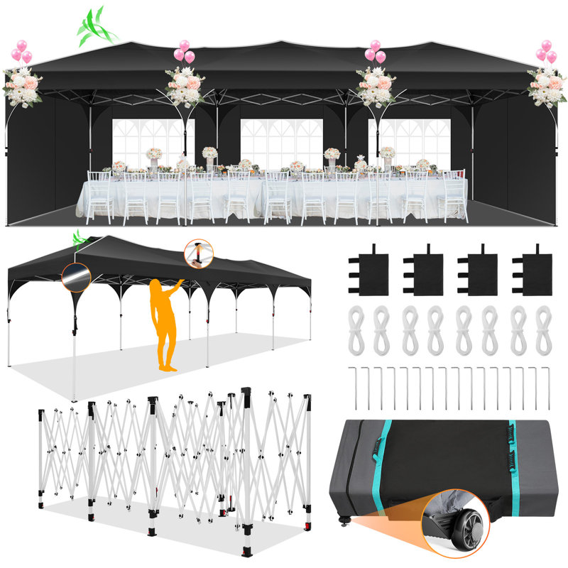 10x30 Pop Up Canopy Tent for Parties with 5 Sidewalls| Push Center Lock & Air Vent| Waterproof & UPF50+ |Gazebo Outdoor Tent for Party,Wedding,BBQ with 4 Sandbags, 8 Stakes & 16 Ropes