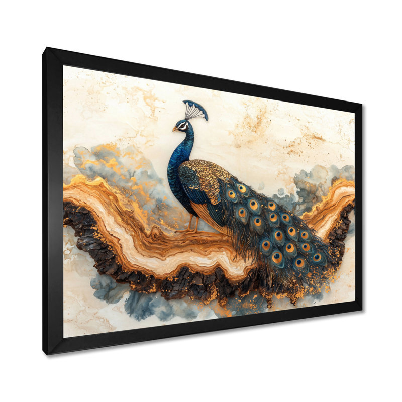 «Hannann Golden Aqua and Wood Peacock Landscape I», art mural paon, Reproduction encadrée d'une seule photo, Noir