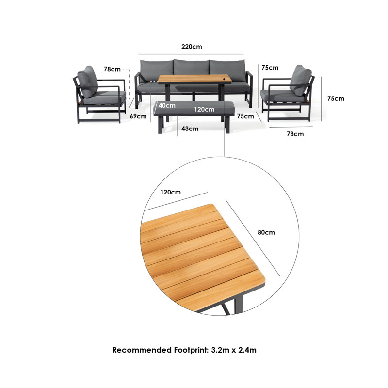 Cora 3 Seat Sofa Dining Set with Teak Table in Graphite