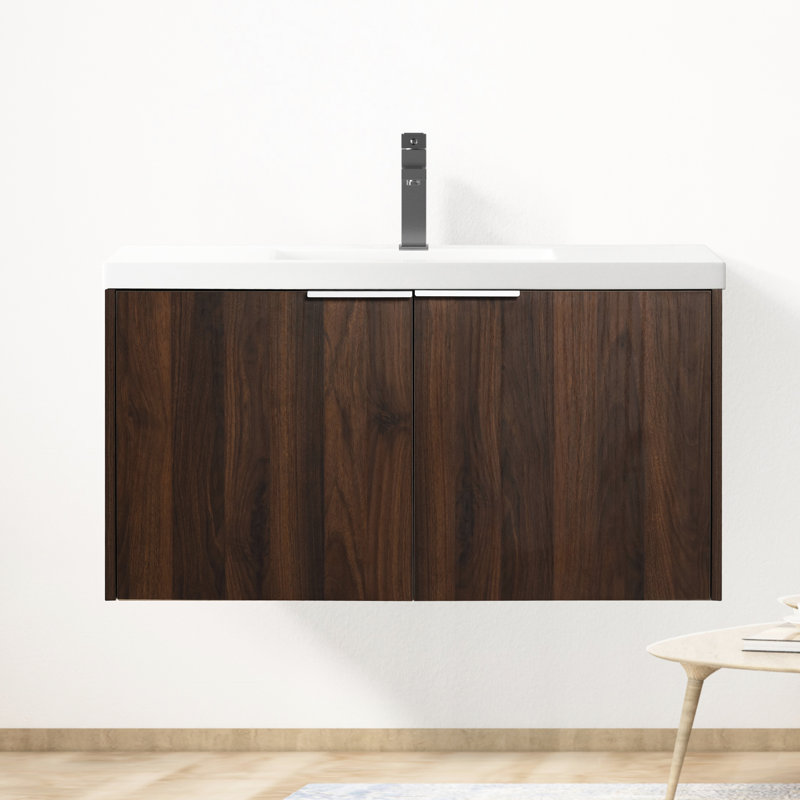 Meuble-lavabo mural de 36 po, aspect moderne, porte à fermeture en douceur, 2 portes, noyer, meuble-lavabo avec rangement suffisant, polyvalent pour les tâches courantes