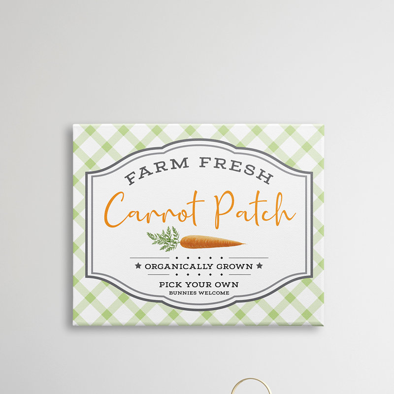 «Farm Fresh Carrot Patch Country Sign Green Plaid», art textuel, H 16 po x l 20 po x 1,5 po, Toile tendue