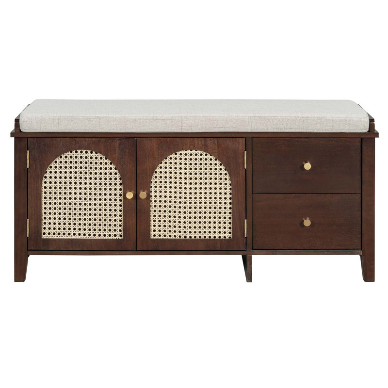 Banc à chaussures rétro avec coussin, 2 tiroirs et 2 portes en rotin, Espresso