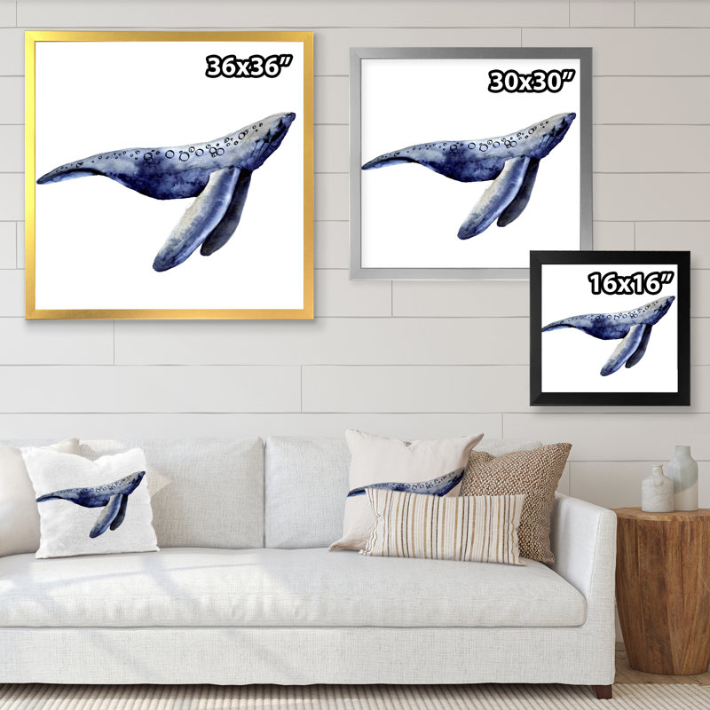 Baleine bleue sur fond blanc - peinture sur toile, H 36 po x l 36 po x P 1 po, Cadre photo argenté