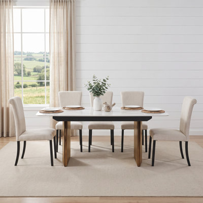 78" Sintered Stone Rectangular Dining Table Set with 6 Beige High-Back Chairs