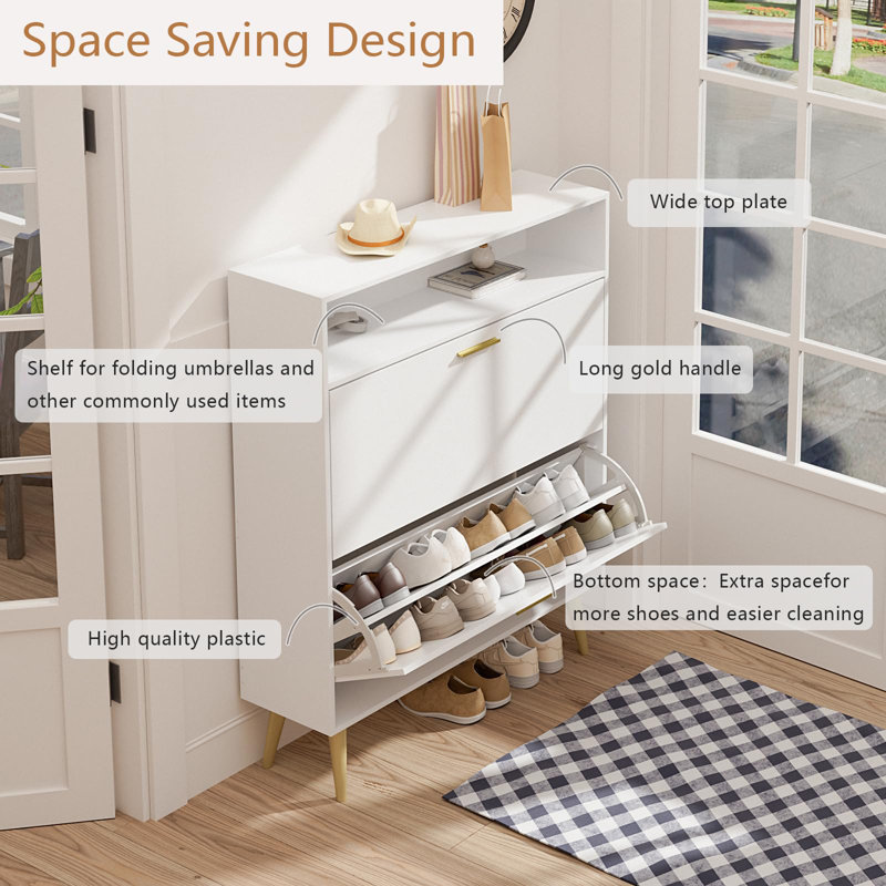 Modern 12 Pair Shoe Storage Cabinet with 2 Drawers,White Shoe Entryway Cabinet with Adjustable Shelves, White