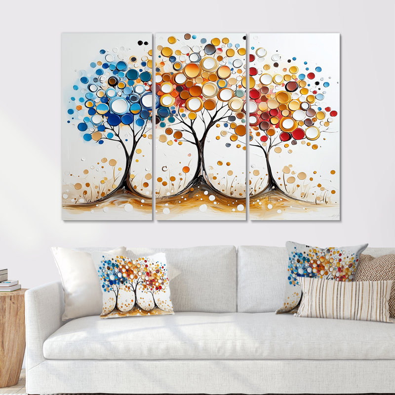 Automne orange et bleu arbre saisons reflets III - ensemble de salon abstrait Mid-Century Wall Art, Toile tendue