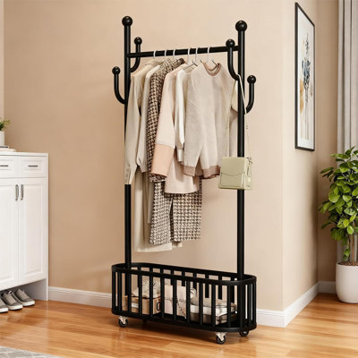 Metal Clothing Rack with Wheels, Rolling Clothing Racks for Hanging Clothes, Standing Garment Rack with Storage Shelf and 4 Hooks, Clothes Hanger Racks for Bedroom Closet Living-Room