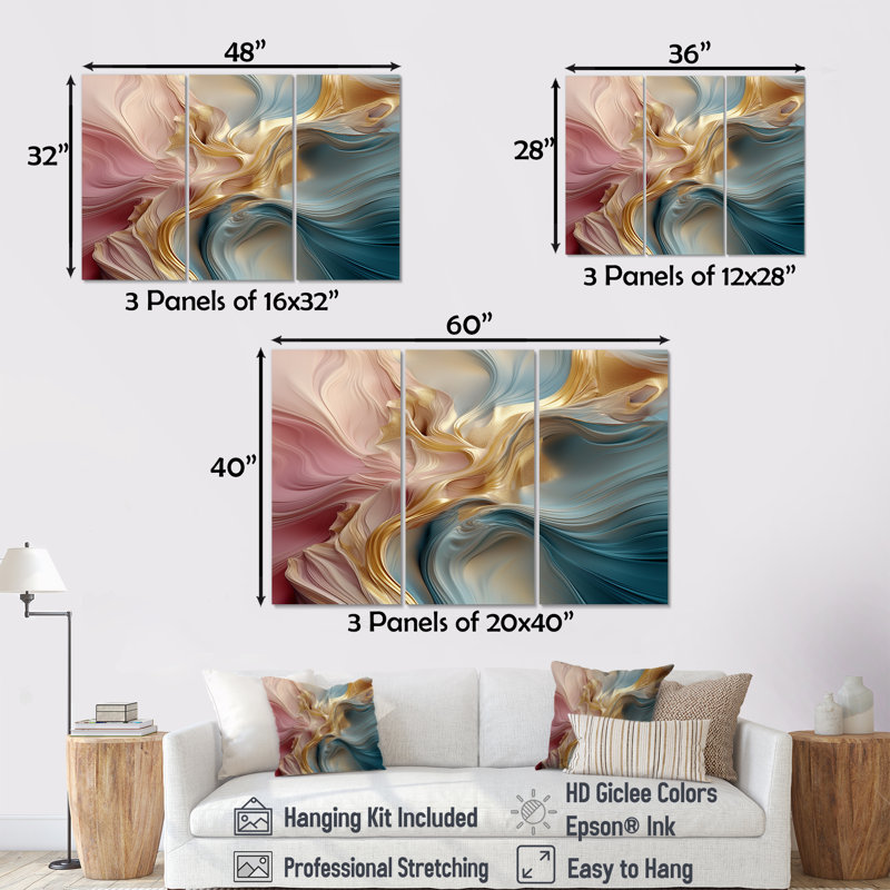 «Ruisseaux liquides», ensemble d'art mural abstrait vagues modernes, Toile tendue, H 40 po x l 60 po x P 1 po