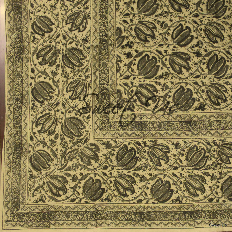 Nappe en coton à motif floral , Vert, Rectangle L 104 po x l 70 po