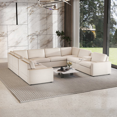 10 Piece Modern Corduroy L Shaped Power Reclining Sectional Couch With Storage & Wireless Charging