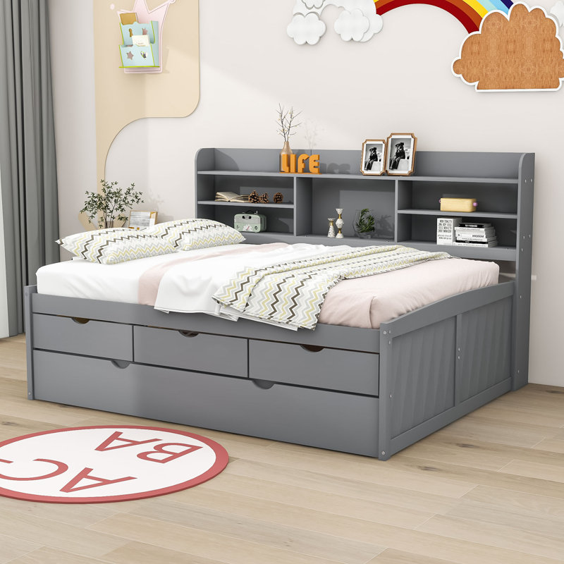 Lit plateforme en bois avec 3 tiroirs Ephinne, Double, Gris