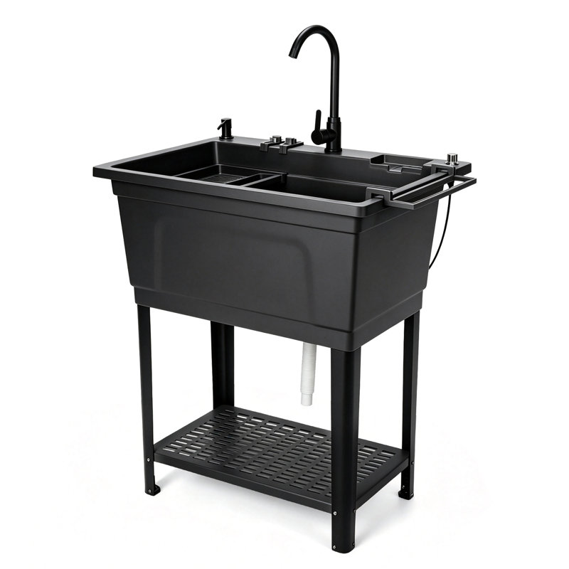 Évier utilitaire 29 gallons noir avec pieds en métal et robinet en acier inoxydable, Black