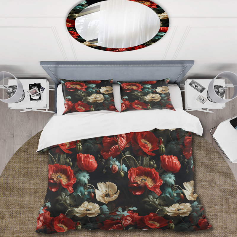 Literie florale rouge foncé et beige I, Housse de couette pour très grand lit et 2 très