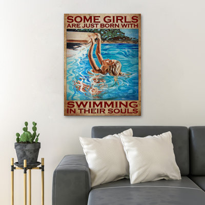 Fille dans la piscine - Certaines filles sont nées avec la natation dans les âmes, toile tendue avec châssis - Illustration de sport, décoration de chambre bleue et brune