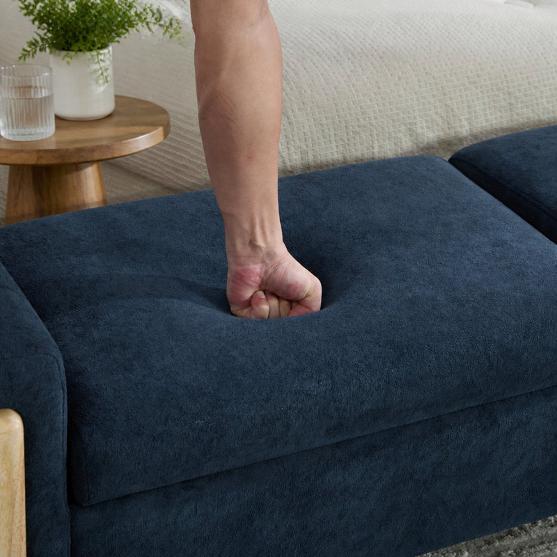 Banc de rangement rembourré avec couvercles doubles et accoudoirs, Bleu