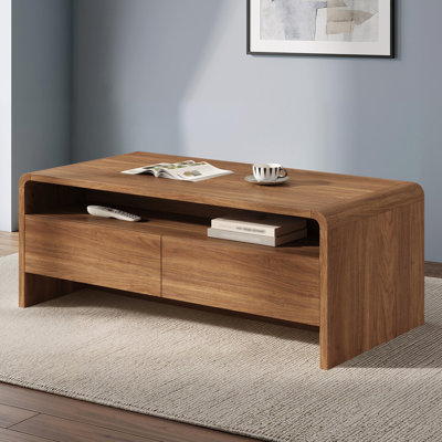 Table basse moderne Dulane 99 cm (39 po) de largeur, avec grand espace de rangement et bords arrondis, fini bois brun.