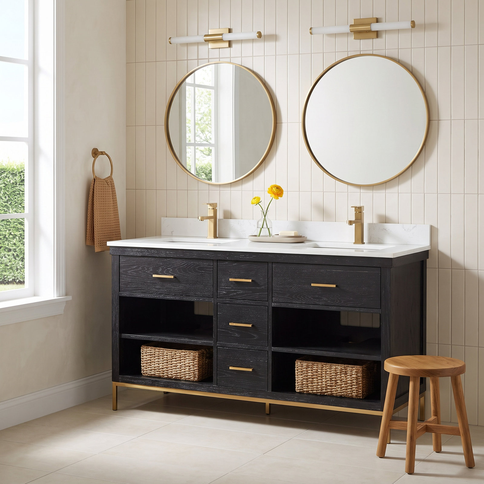 Kesia 60'' Double Bathroom Vanity, Black, Gold