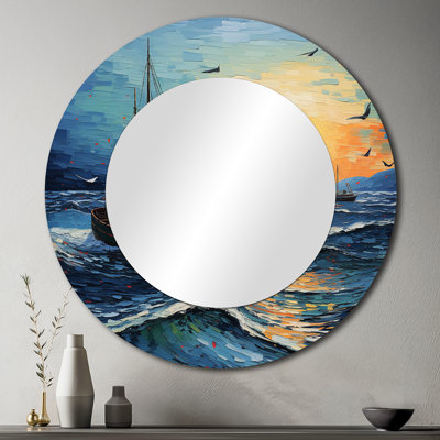 Vangogh Seascape With Fishing III - Vangogh Large Wall Mirror, Traditional Round Unique Mirror, Printed Metal Art