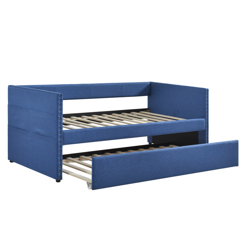 Modern Daybed Pull-Out Trundle Side Pockets Blue Upholstery Nailhead Trim Bedroom Living Room Furniture 1Pc, Blue