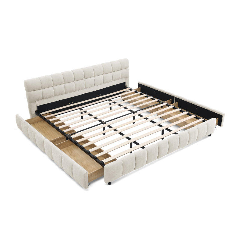 Très grand lit plateforme tapissier avec tiroirs de rangement, structure de lit en chenille moderne avec tête de lit capitonnée, beige