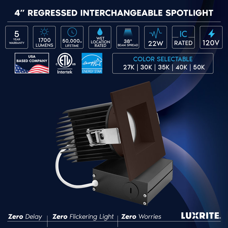 Luminaire encastré à DEL Luxrit de 4 po, 5 lumières à DEL sans lumière, 38º, 22W, 1700LM, garniture carrée interchangeable en bronze, intensité variable, lot de 4