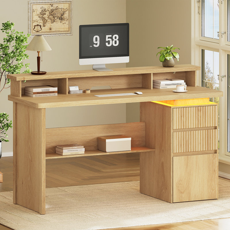 59" Executive Desk with Fluted Drawers, Power Outlet & LED Lights – Modern Home Office Computer Desk with Monitor Stand and File Storage