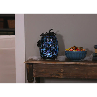 LED Glass Pumpkin with Lit Spiderweb Design Tabletop Decor 