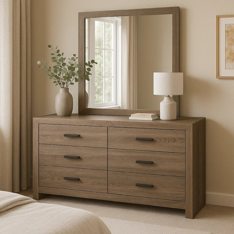 Commode 6 tiroirs avec miroir, Chêne baril