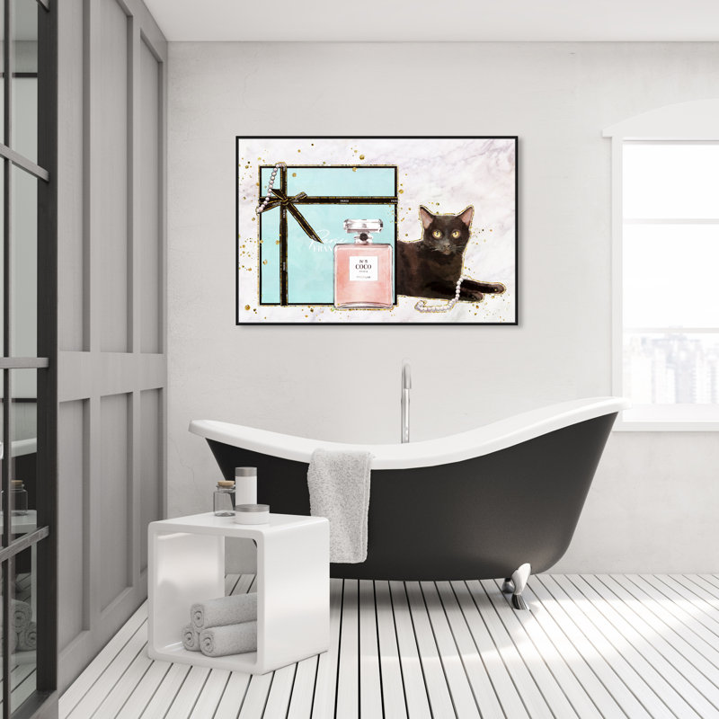 Cat Glam Blue Box - impression sur toile, Cadre flottant noir, H 30 po x l 45 po