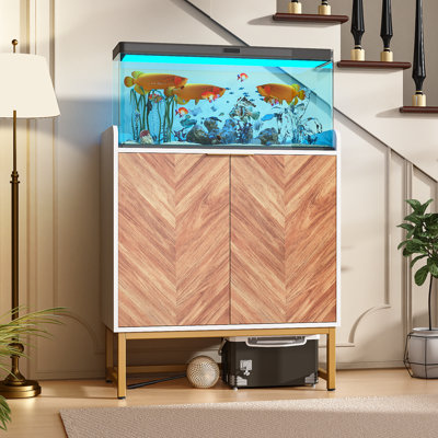 Support d'aquarium de 29 gallons avec portes de rangement et arêtes de poisson, support d'aquarium moderne Mid-Century avec base en métal doré, support d'aquarium de 20 à 30 gallons en bois robuste avec tablettes réglables