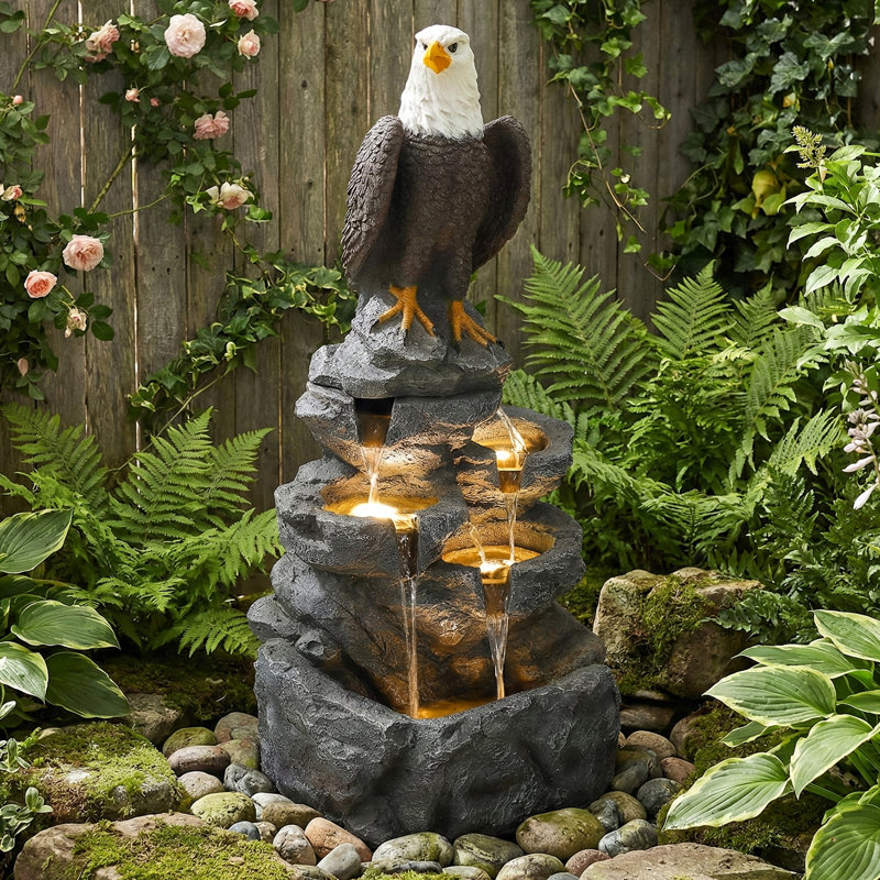  39.1" H Outdoor Water Fountain, 4-tier Cascading Waterfall Fountain With Led & Adjustable Pump, Garden Water Feature With Bald Eagle Statue, Natural Rock Finish For Patio, Backyard & Indoor