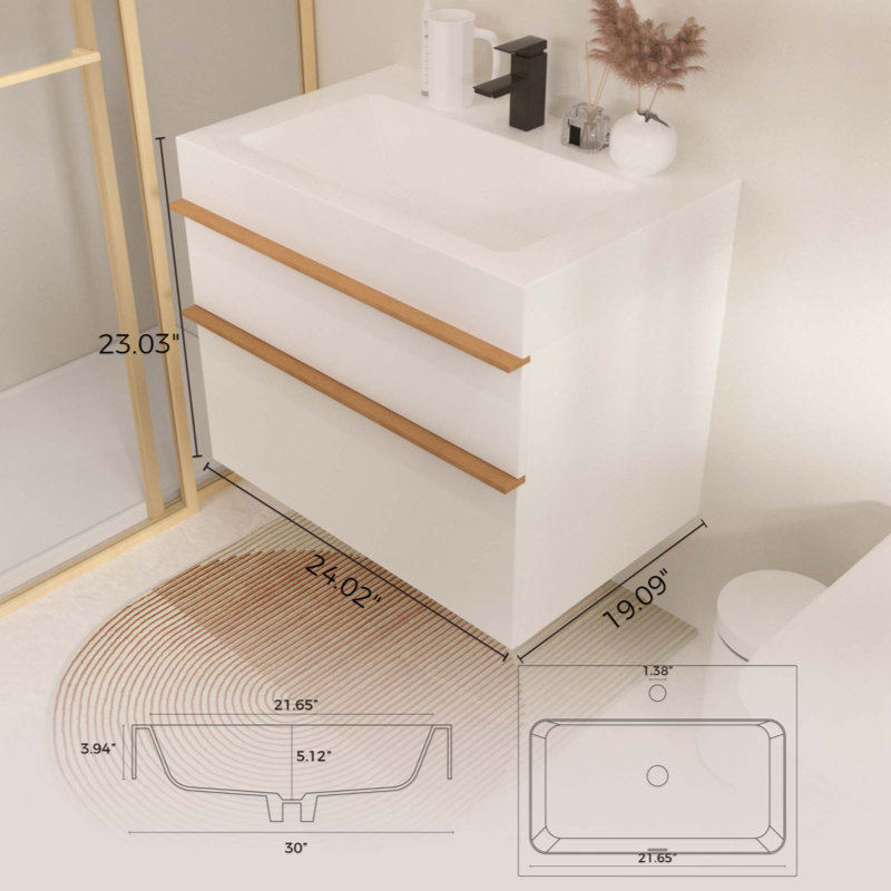 Meuble-lavabo mural mural avec lavabo en acrylique intégré, 2 tiroirs, armoire flottante moderne pré-assemblée, Blanc, 24"