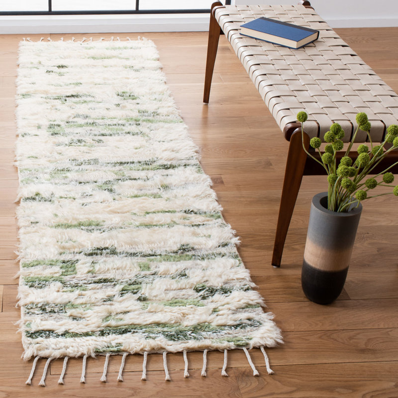 Tapis vert / ivoire en laine / viscose Dolphus, Tapis de couloir 2 pi 3 po x 8 pi