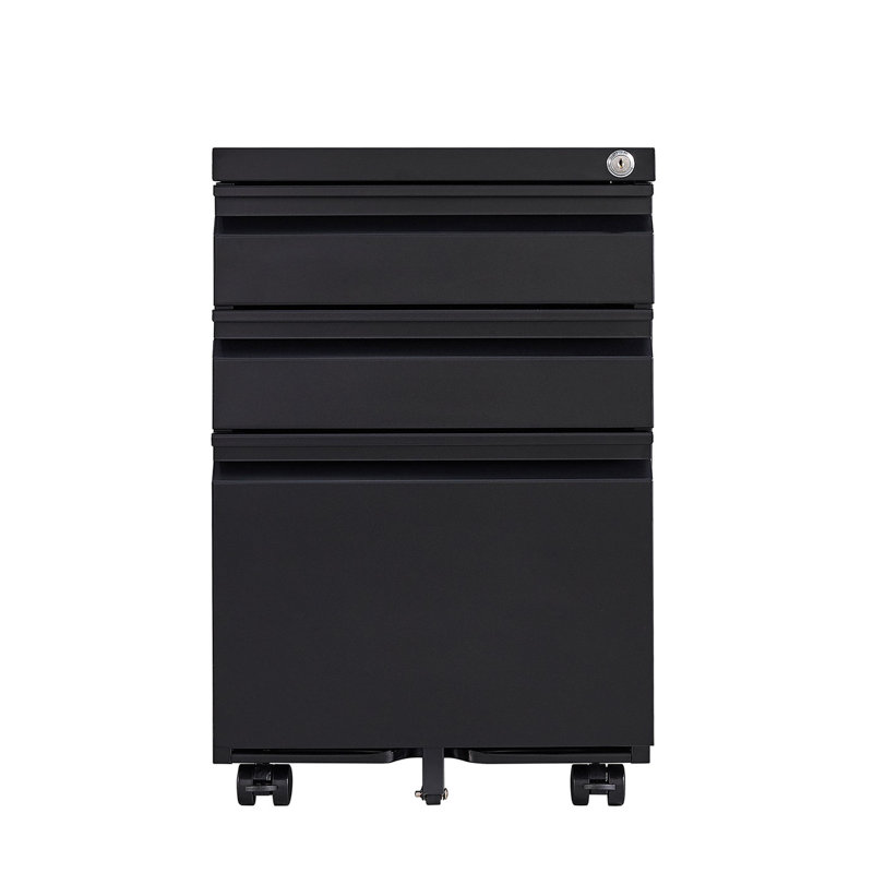 Black 3 - Drawer Mobile Filing Cabinet, Office Solution With Lock, 2 Stationery Drawers, 1 Pencil Tray, File For Letter And A4 Legal Documents, Removable Rods, 5 Mobility, Tipping Design Ideal Use,