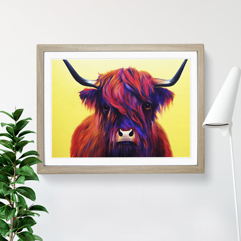 Colourful Highland Cow Vol.3 1 Piece Single Picture Frame Wall Art, 25cm H x 34cm W x 2cm D, Oak Framed