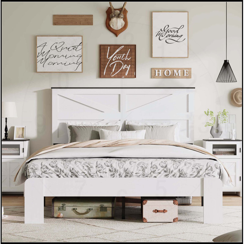 Structure de lit double avec tête de lit, plateforme en bois, conception silencieuse, aucun sommier requis, assemblage facile, grand rangement sous le lit, blanc