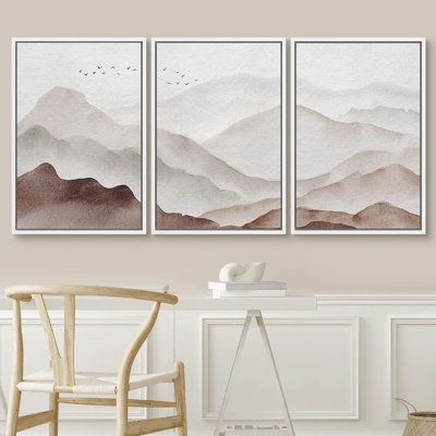 «Abstract Landscape Brown Watercolor Misty Mountain Range», reproduction de tableau encadrée sur toile 3 pièces