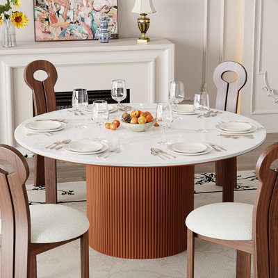 Modern 59"Round Dining Table, White Glossy Sintered Stone top, Solid Wood legs by Latitude Run