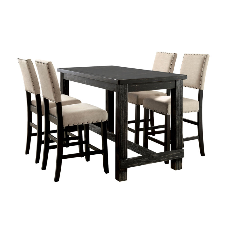 Adler 5-Piece Counter Height Solid Wood Dining Set, Counter Stool (25" Seat Height), Antique Black
