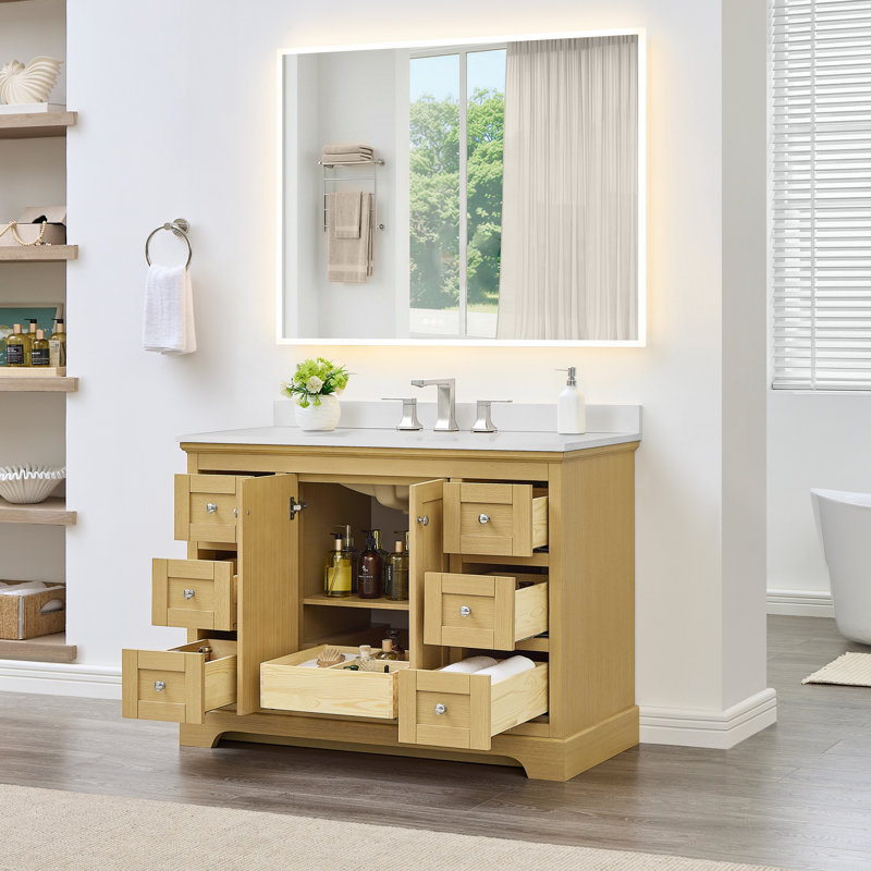 Meuble-lavabo simple 48 po Avery en noyer foncé, comptoir en marbre de culture blanc, lavabo carré encastré (3 trous), garniture en chrome poli