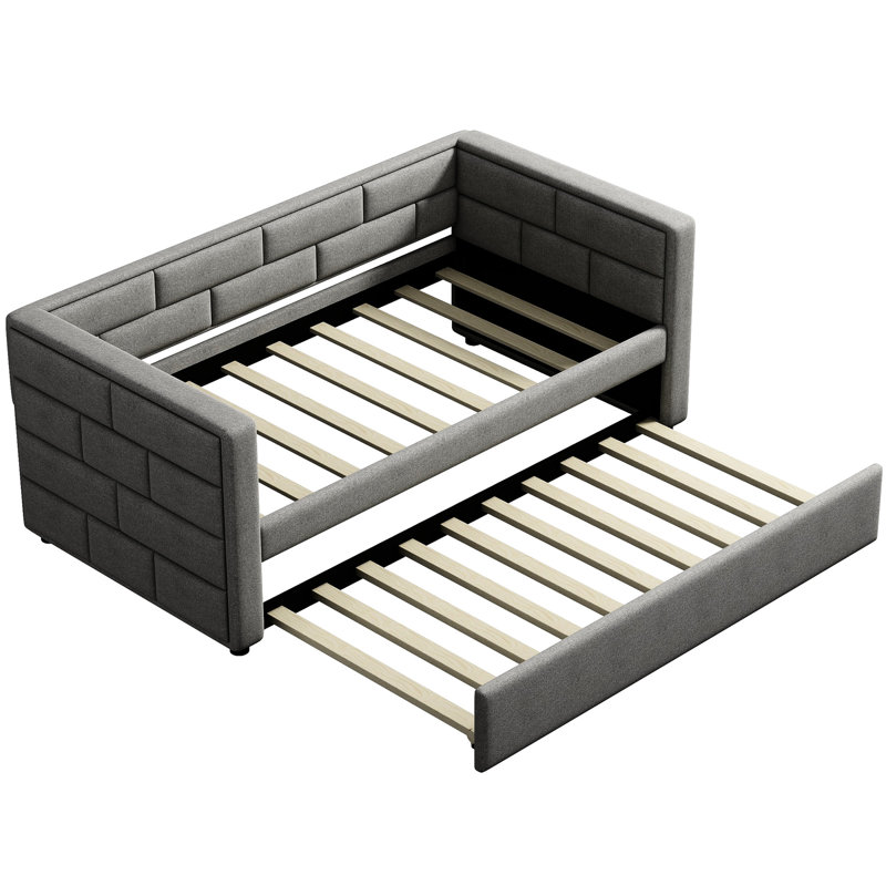 Gray Twin Daybed With Trundle, Upholstered Padded Back, Strong Frame For Bedroom In Solid Back