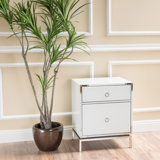 Modern White End Table, Nightstand With Drawer & Cabinet, Elegant 2-Drawer Nightstand With Silver Mirrored Edge And Legs, Round Ring Handle,  Suitable For Small Place Living Room Bedroom