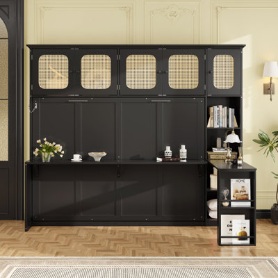 Lit escamotable double avec bureau, armoires en rotin et bibliothèque, lit mural peu encombrant, noir