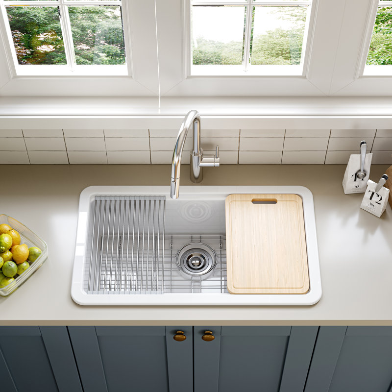  Évier de cuisine encastré en argile réfractaire à cuve simple avec accessoires 33 po MorningGlow