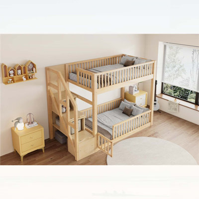 Lit superposé simple au-dessus d'un lit simple avec échelle, rangement et finition naturelle pour une vie sécuritaire et peu encombrante